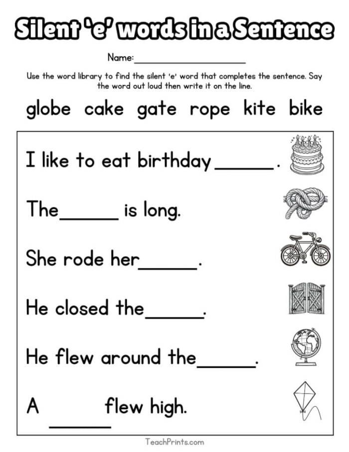 Finish the Silent E Words activity for young learners in grammar and mechanics Silent E words worksheet for kindergarten students to practice long vowel sounds