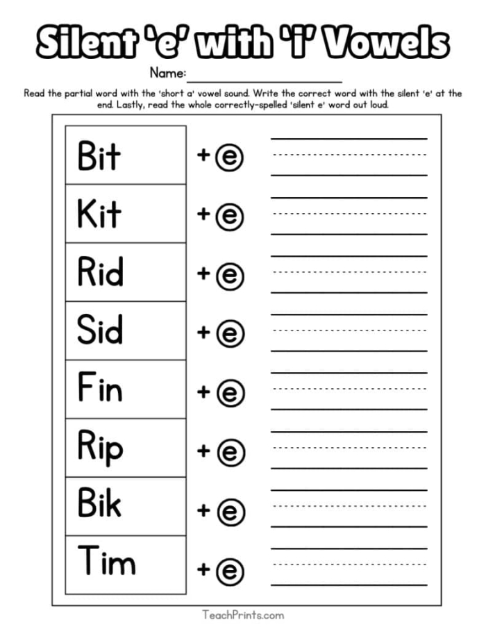 Finish the Silent E Words worksheet for kindergarten learners Kids practicing long vowel sounds with a silent E worksheet