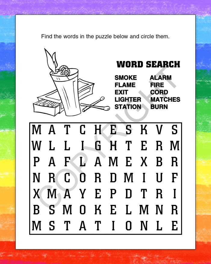 Fire Prevention Week Word Search worksheet for preschoolers focusing on fire safety education