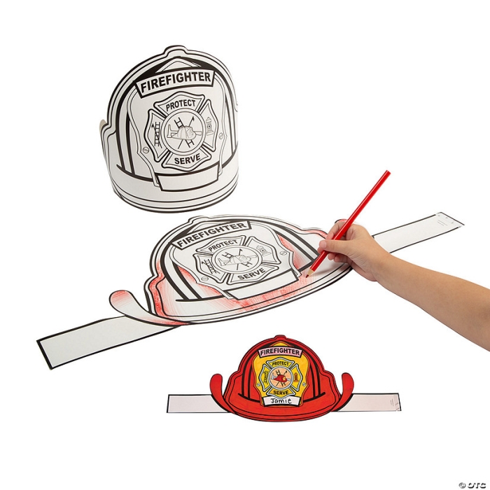 A printable firefighter hat coloring page for preschool students learning about community helpers