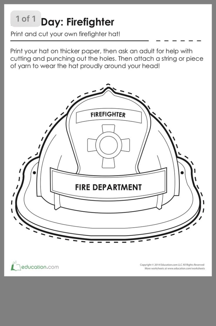 A child's simple firefighter hat coloring template for learning about community helpers