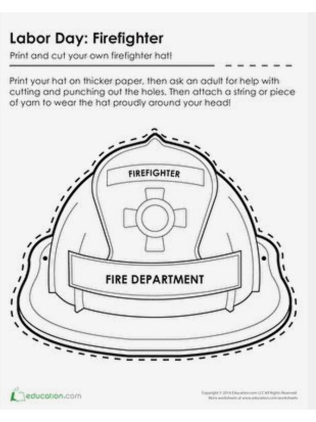 Colorable firefighter hat template for pre-k students to learn about community helpers