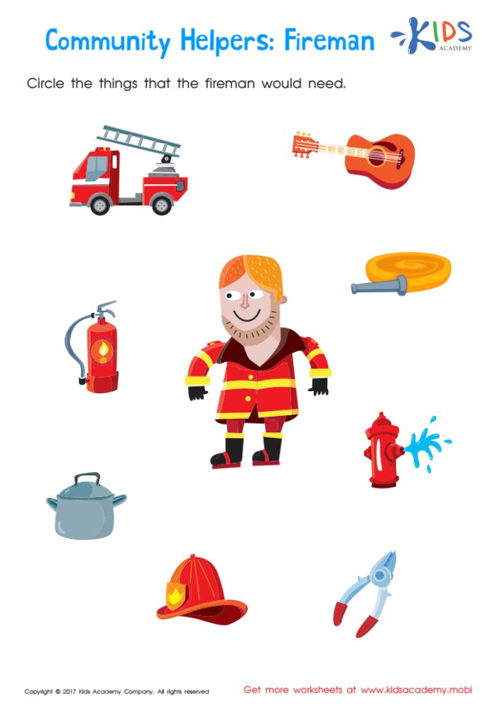 First grade worksheet featuring a fireman navigating a maze to gather his equipment before reaching the fire engine. Fireman Game worksheet for first graders: complete the maze to help the fireman.