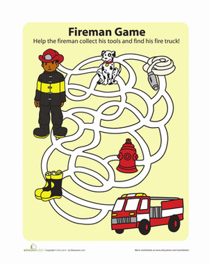 A first-grade student navigates a maze to help a fireman gather his gear before reaching the fire engine. Fireman Game worksheet for first graders: complete the maze and collect equipment.