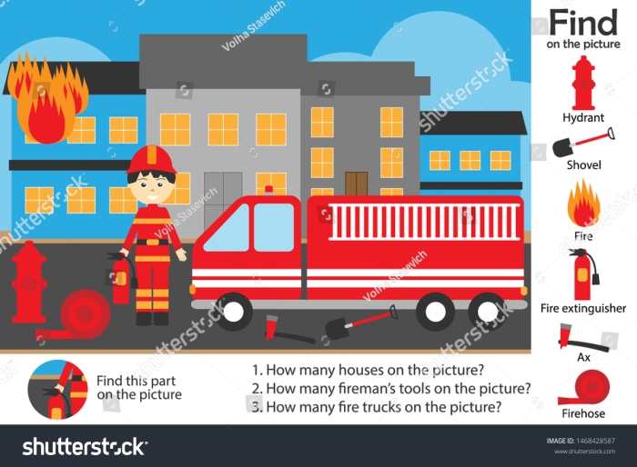 First grade maze worksheet featuring a fireman collecting equipment to reach the fire truck