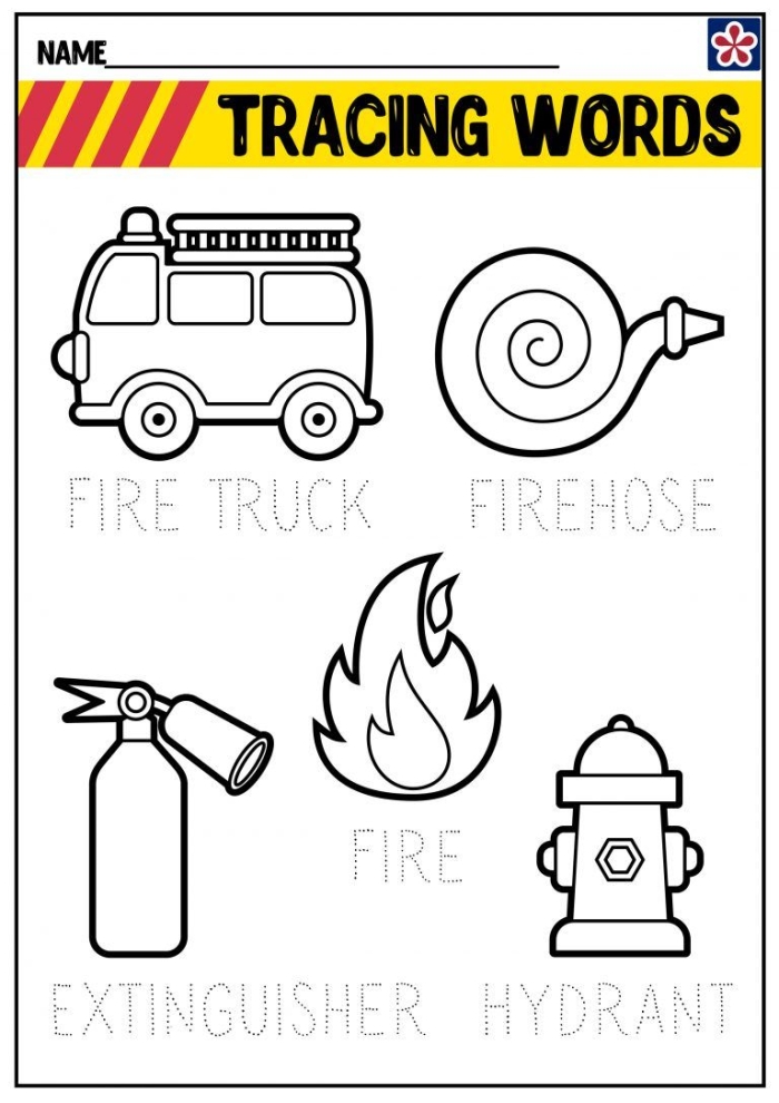 First grade reading worksheet featuring a fireman maze game with equipment to collect