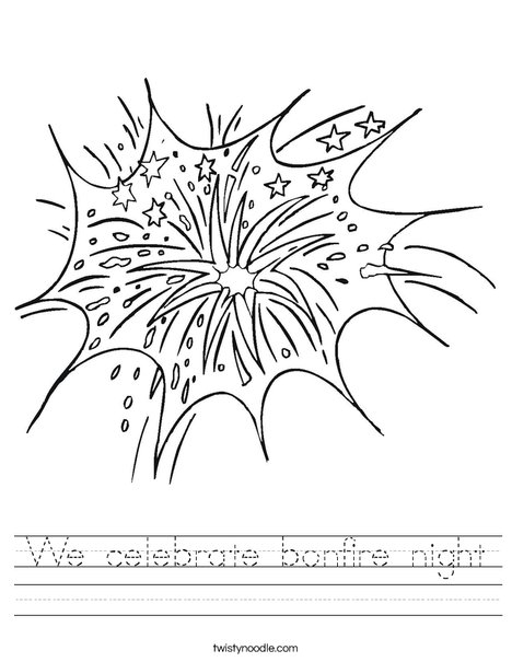 Colorful fireworks drawing worksheet for first graders celebrating Independence Day