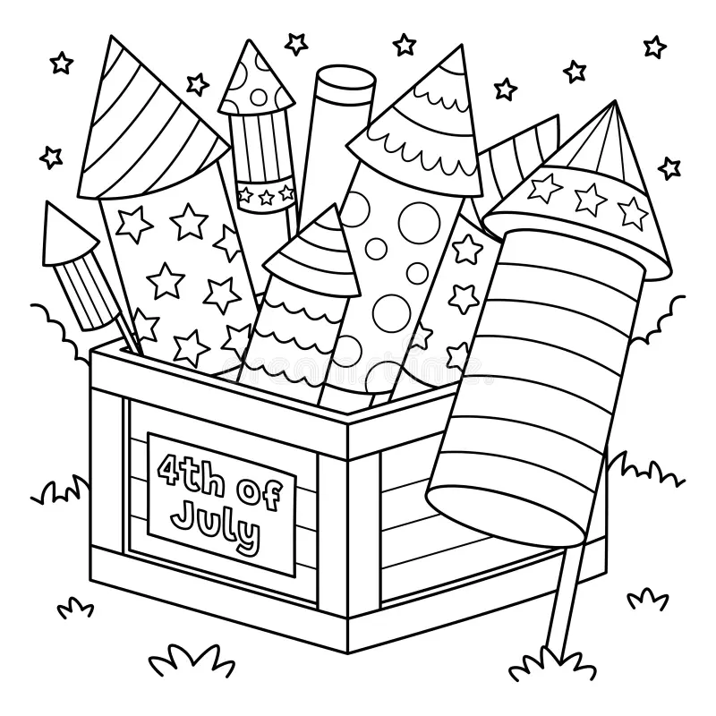 First grade student coloring a vibrant fireworks display on a festive Fourth of July drawing worksheet