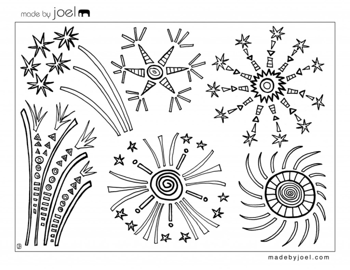 Colorful fireworks drawing worksheet for first graders celebrating Independence Day