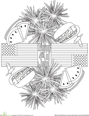 First grade fireworks drawing and coloring worksheet for Independence Day