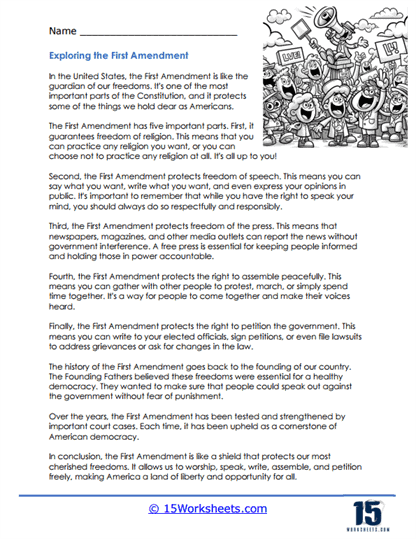 Worksheet image for second graders focused on learning the First Amendment concepts Children engaging with a First Amendment worksheet featuring a word scramble and comprehension questions
