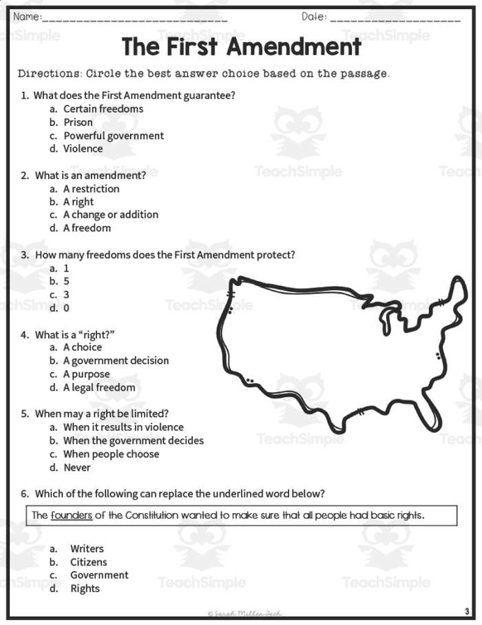 Second-grade students learning the First Amendment through fun activities in this worksheet image Children engaging with the First Amendment worksheet featuring a word scramble and comprehension questions
