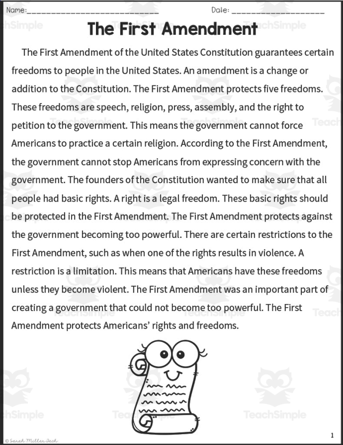 Interactive learning activity on the First Amendment for second graders Children engaging with a First Amendment worksheet featuring a word scramble and comprehension questions
