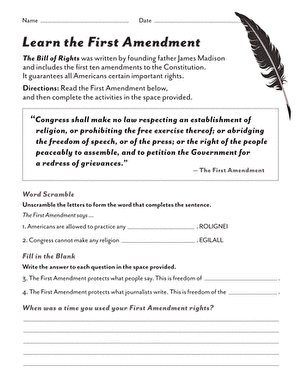 Worksheet for second graders to learn about the First Amendment through fun activities Children engaging with a First Amendment worksheet featuring a word scramble and comprehension questions