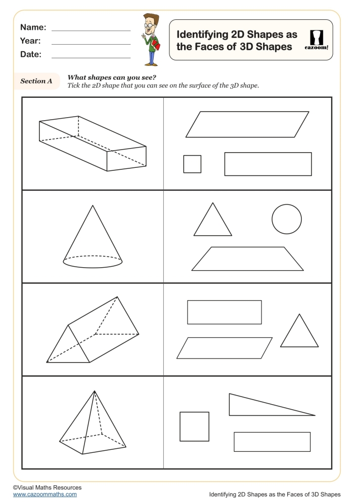 First grade worksheet featuring a matching activity for 2D and 3D geometric shapes