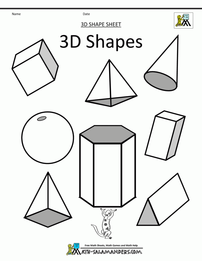 First grade worksheet featuring 3D geometric shapes for kids to explore in their environment