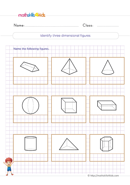 First grade worksheet featuring 3D geometric shapes for kids to explore in their environment