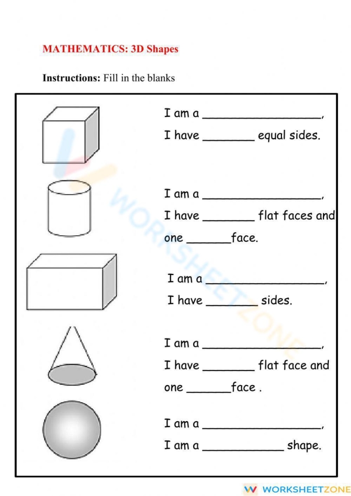 Worksheet featuring 3D geometric shapes for first graders to explore and identify in their environment