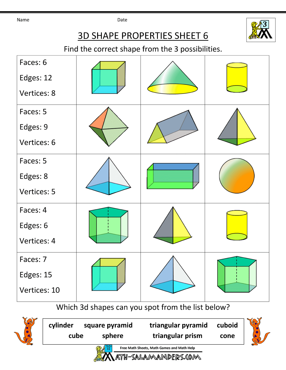Shape recognition 3D shapes practice worksheet for first grade students fifteen First grade 3D shapes worksheet with tracing and coloring activities for shape recognition