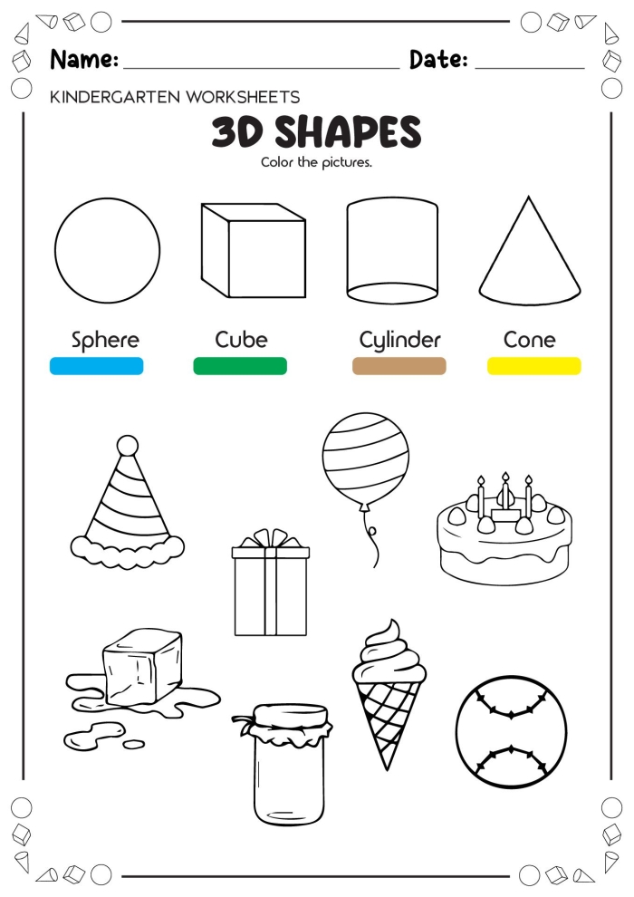 Engaging 3D shapes worksheet for kids to enhance their shape recognition skills First grade 3D shapes worksheet featuring activities for tracing, coloring, and identifying three-dimensional shapes