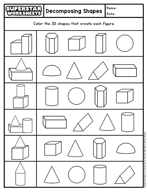3D Shapes Worksheet Nine for First Grade Math Practice First grade student tracing and coloring 3D shapes on a printable math activity sheet