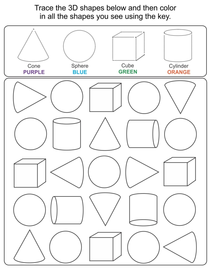 Time and Money worksheet for First Grade First grade 3D shapes worksheet featuring tracing, coloring, and identification activities. Engaging activities for recognizing three-dimensional shapes for young learners.