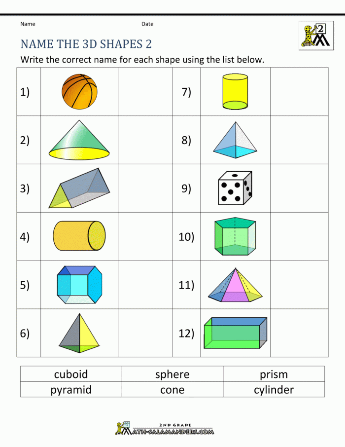 Educational 3D Shapes Worksheet for First Grade Students Part 2 First grade 3D shapes worksheet with activities to trace color and identify geometric solids