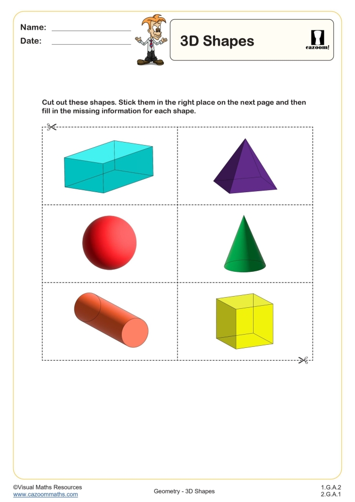 Worksheet image showcasing a fun and educational approach to shape recognition for young learners 3D Shapes worksheet featuring engaging activities for first graders to trace, color, and recognize three-dimensional shapes