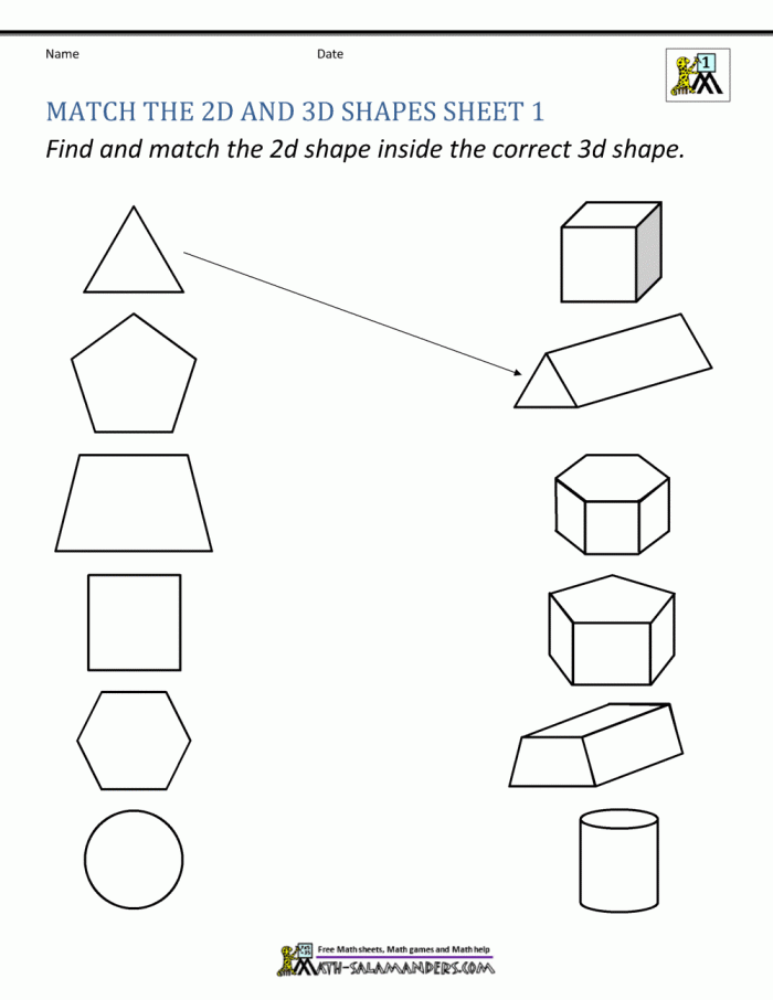 Children exploring 3D geometric shapes in their environment on a colorful worksheet