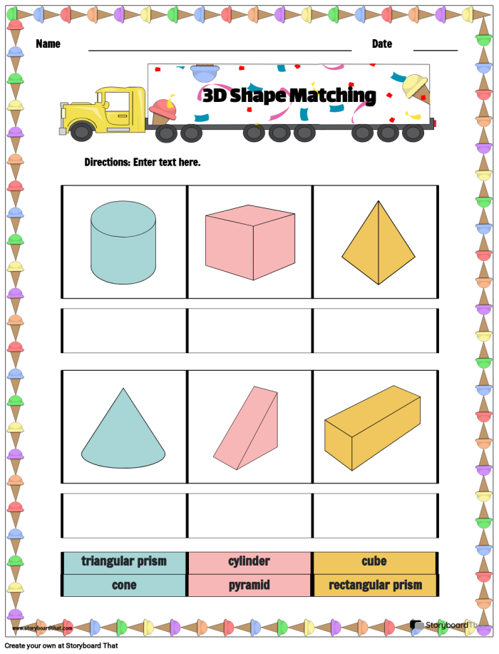 3D Geometric Shapes worksheet for first graders exploring shapes in their environment