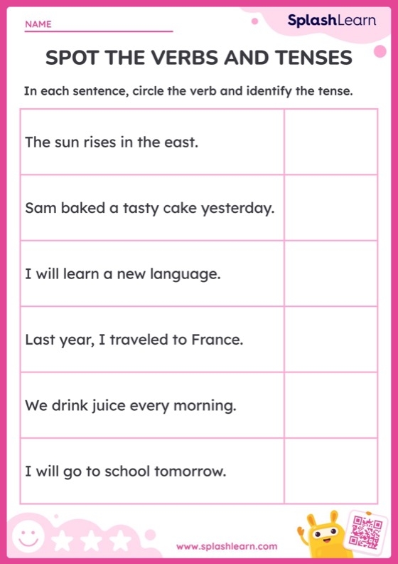 First grade student completing a Spot the Verbs grammar worksheet to identify action words