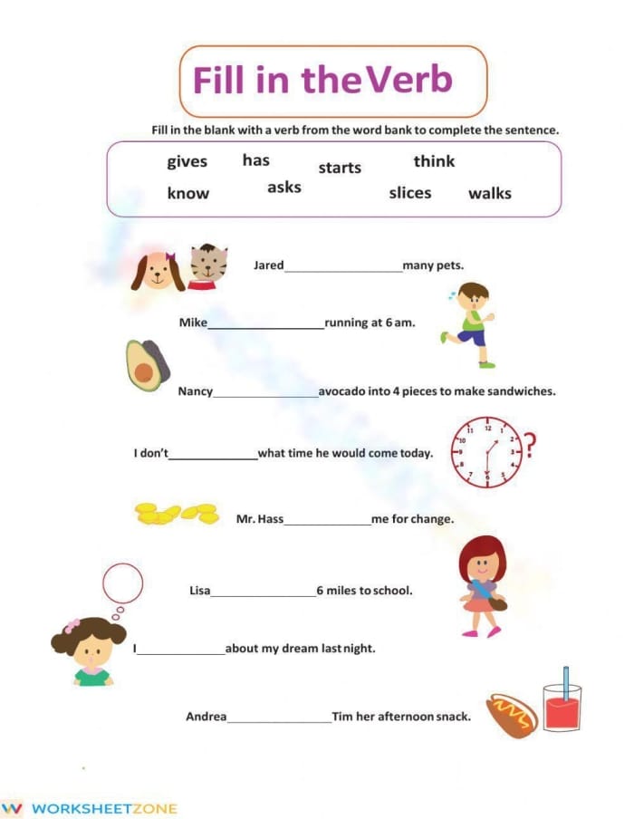 Fill in the Verb worksheet designed for first graders to enhance their verb skills