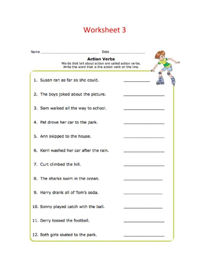 Verb identification practice exercise for beginning readers learning action words in sentences First grade identifying verbs worksheet activity showing sentences with action words highlighted for students