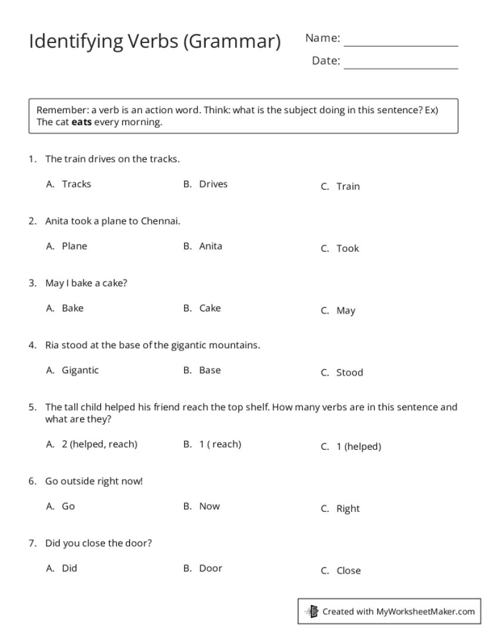 Identifying Verbs Worksheet Number 23 for First Graders First grade worksheet for identifying action verbs in sentences