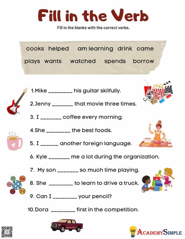 First grade students filling in missing action words on a grammar worksheet