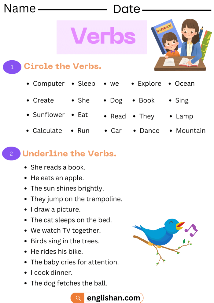 First grade grammar worksheet for identifying action verbs in sentences