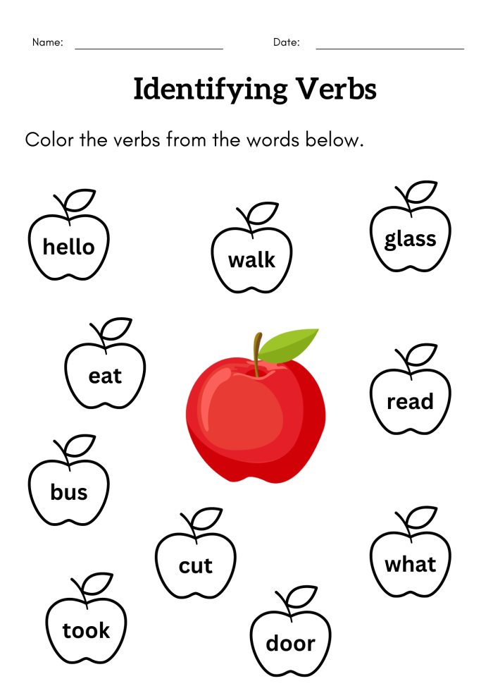 Verb Recognition Activity 22 for Beginning Readers First grade identifying verbs worksheet exercise 22 with sentences for students to find action words