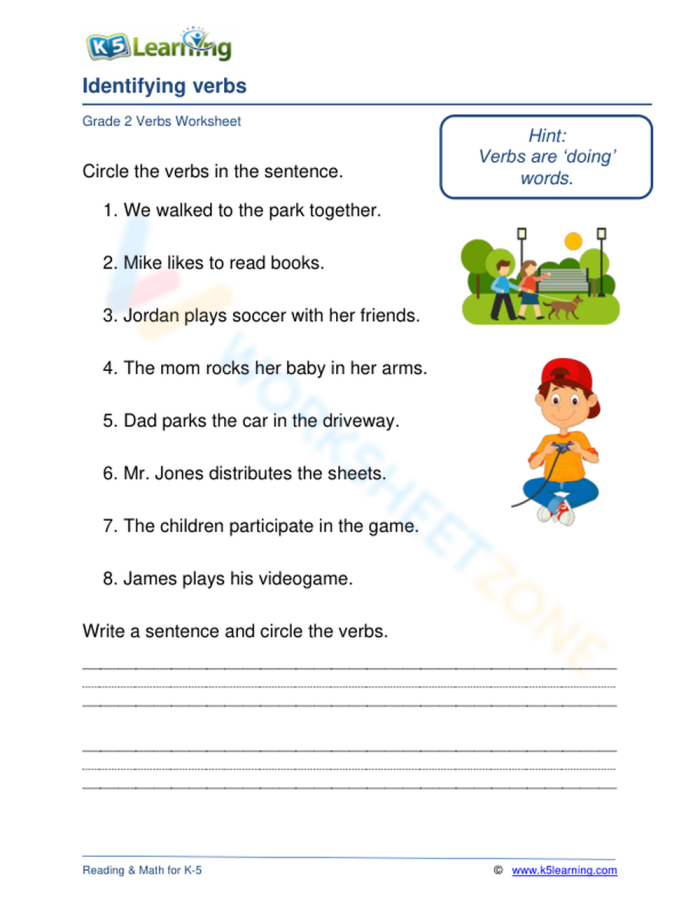 Interactive verb identification activity for beginning readers learning to spot action words in sentences First grade identifying verbs worksheet with sentences and pictures to help students recognize action words