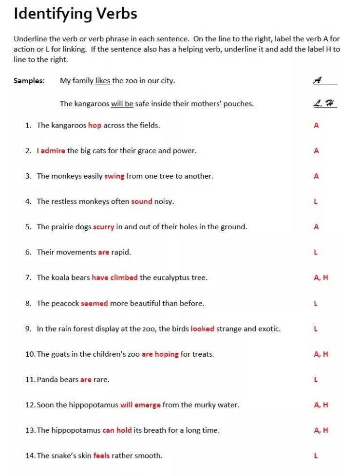 Verb identification practice activity for early elementary learners number 6 First grade identifying verbs worksheet exercise 6 with sentences for students to find action words