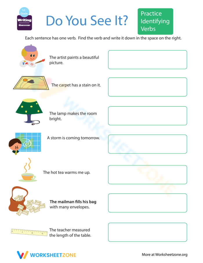 First grade students identifying action words on a printable Spot the Verbs worksheet