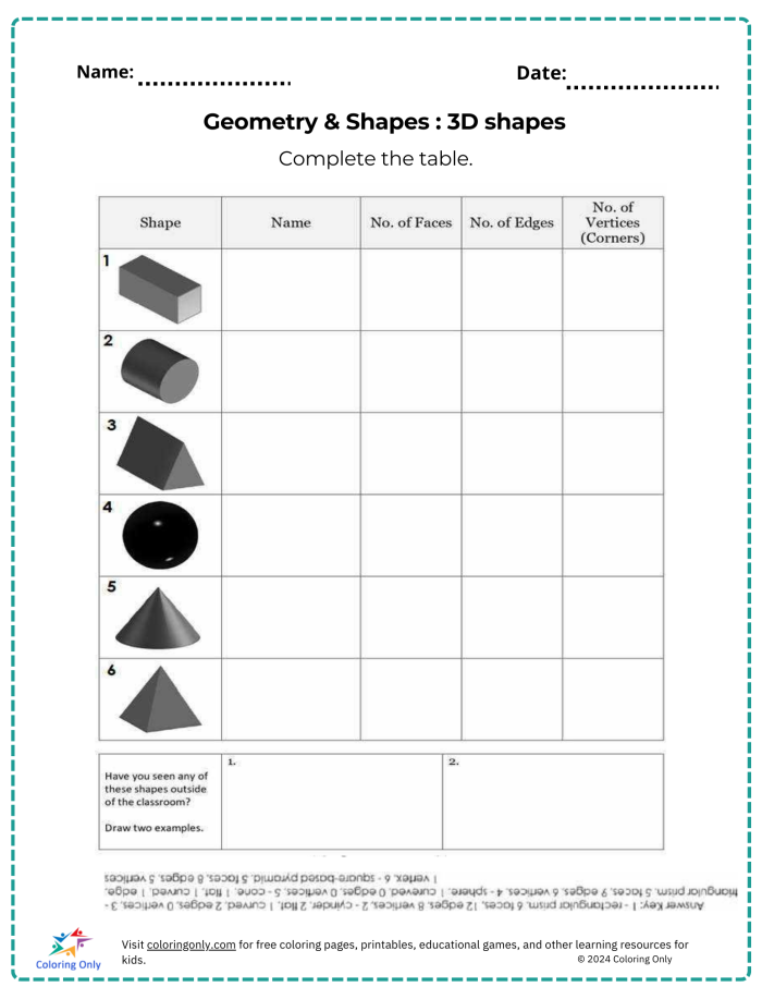 First grade worksheet for identifying 3D geometric shapes in everyday objects