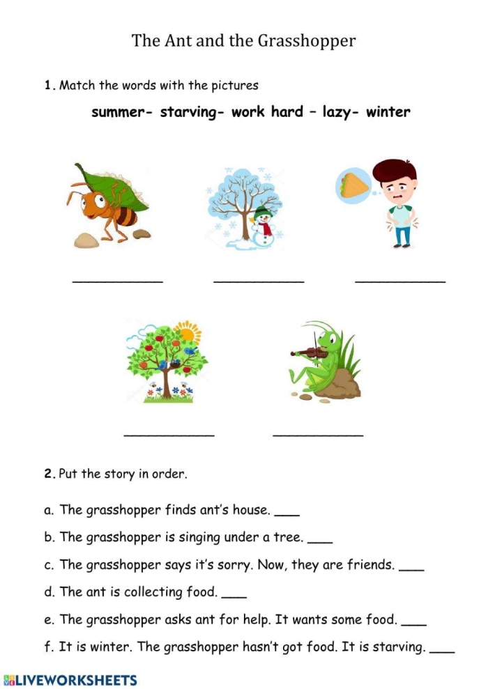 First grade student reading The Ants and the Grasshopper fable worksheet