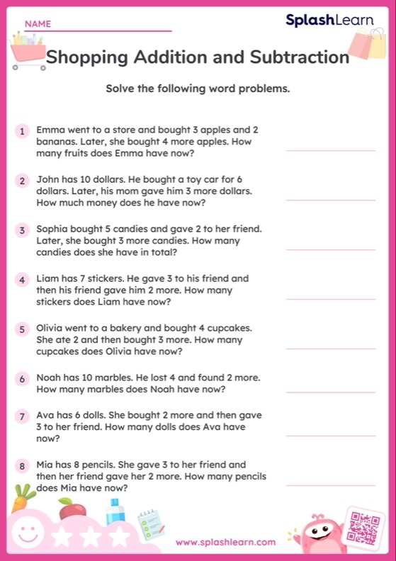 First grade math worksheet featuring addition and subtraction word problems to reveal a mystery code