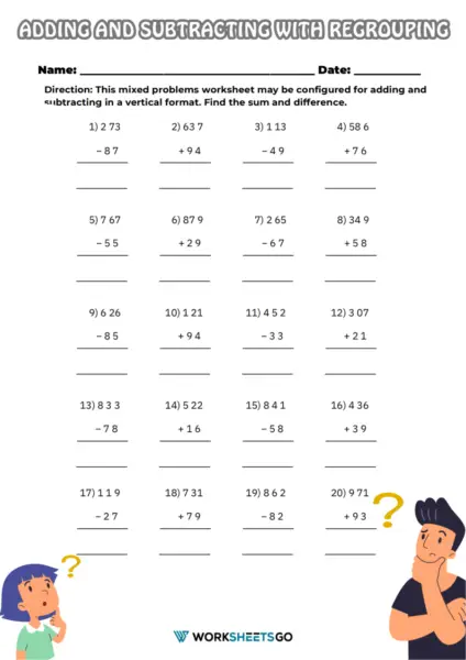 Engaging worksheet to enhance first graders' math skills with addition and subtraction activities First grade addition and subtraction worksheet featuring double-digit numbers for practice