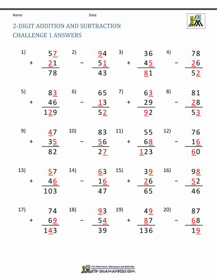 Worksheet image for practicing addition and subtraction skills for first graders First grade addition and subtraction worksheet featuring double-digit problems