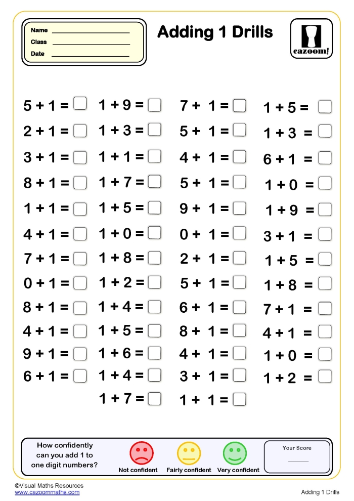 First grade math worksheet showing addition problems with one added to numbers up to ten