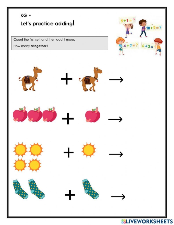 First grade addition worksheet showing practice problems for adding one to numbers within 10