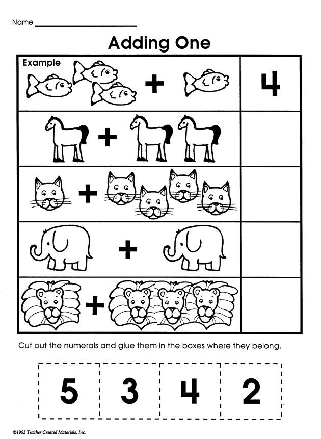 First grade math worksheet for practicing addition by adding one to numbers up to ten