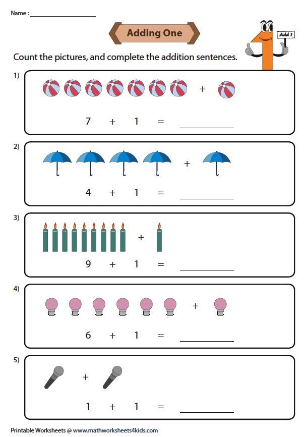 First grade math worksheet focusing on adding one to numbers up to ten