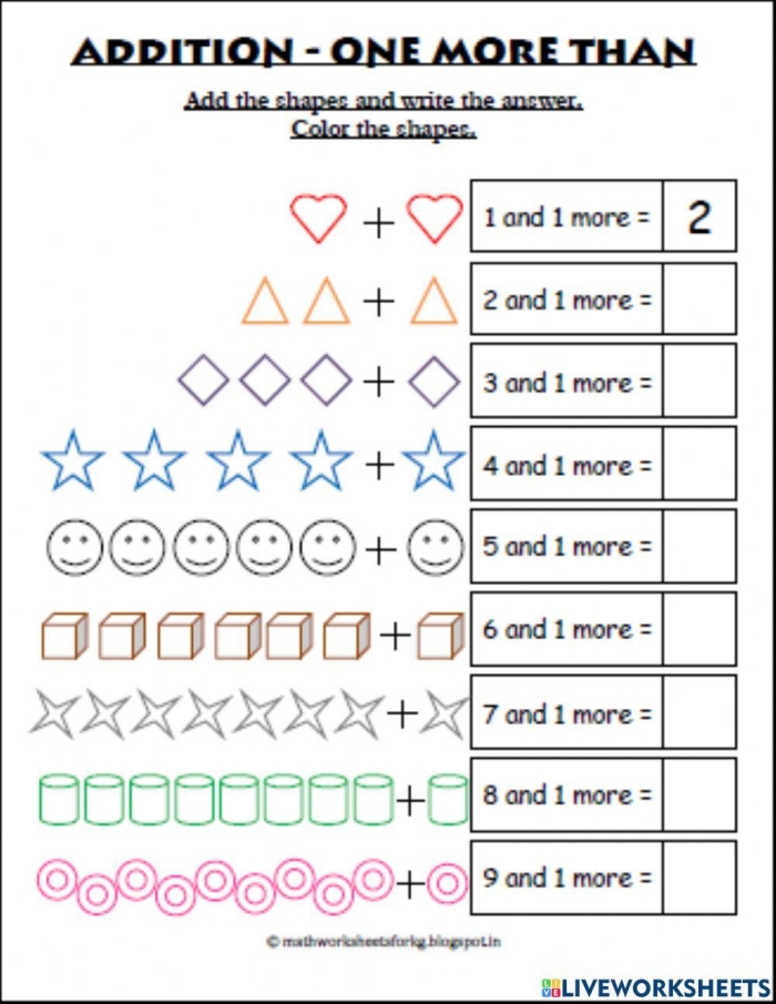 First grade students practicing addition by adding one to single digit numbers on a worksheet with colorful illustrations
